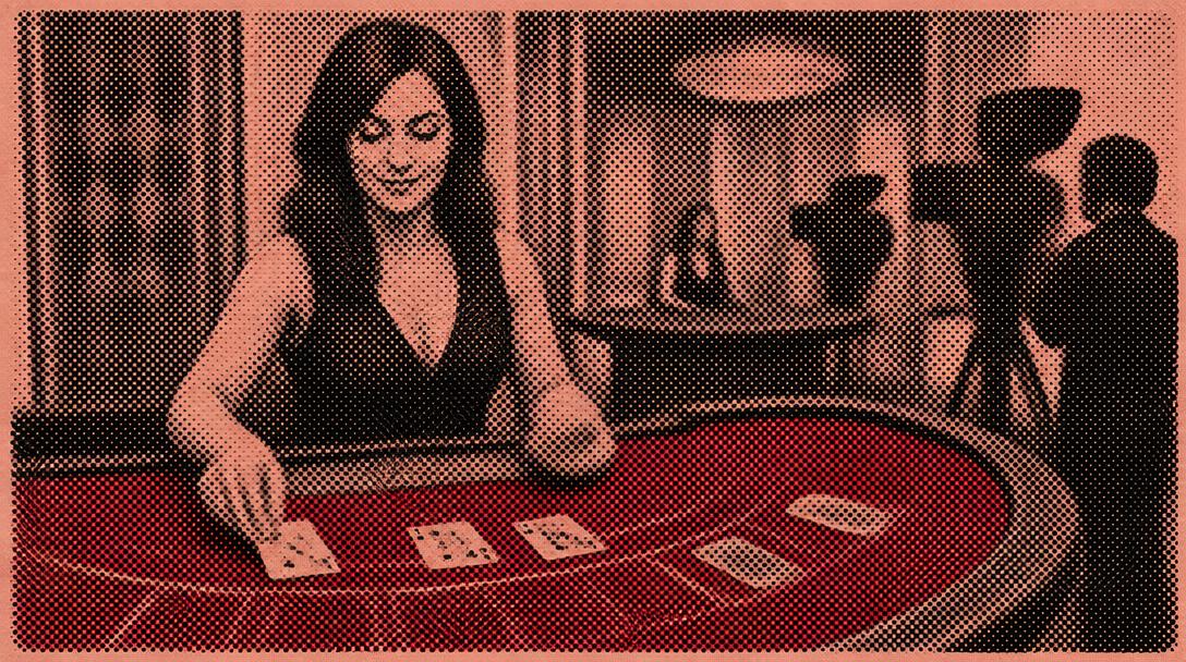 Rasterbillede af en live casino-dealer ved et bord i et studie