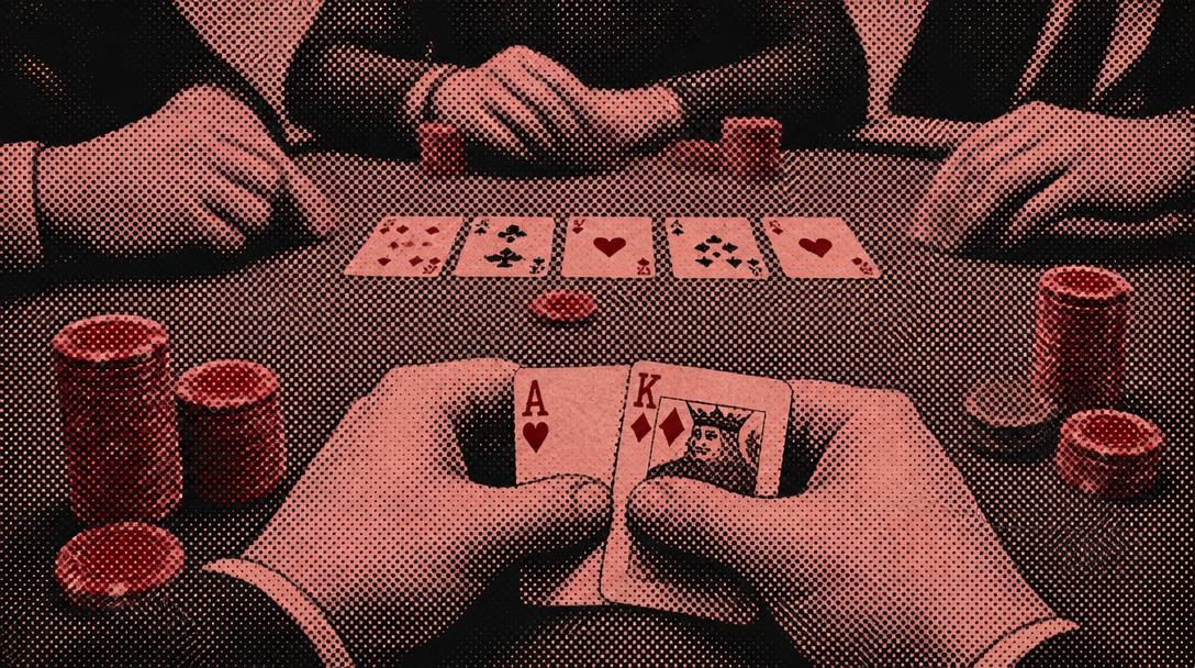 Rasterbillede af et pokerbord med hulkort og jetonstakke