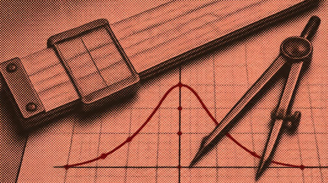 Rasterbillede af regnestok, passer og en sandsynlighedskurve på millimeterpapir